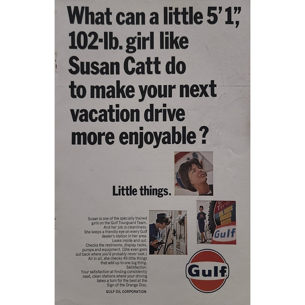 Gulf Magazine Ad 1960s Susan Catt Tourguard Team Gas Oil Sign Orange Disc 1966